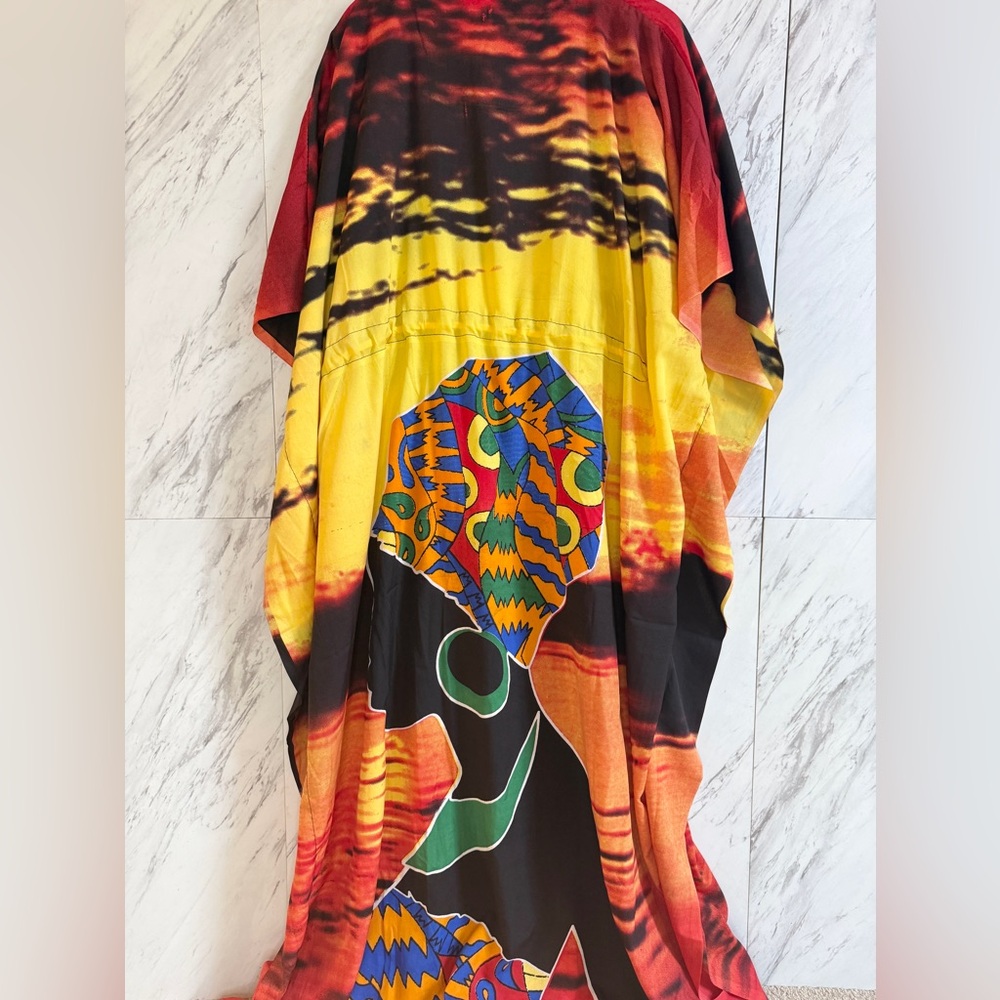 Riviera Sun African Gele Goddess Sunset Graphic Long Maxi Cover Up Kaftan SZ XL - Picture 6 of 8